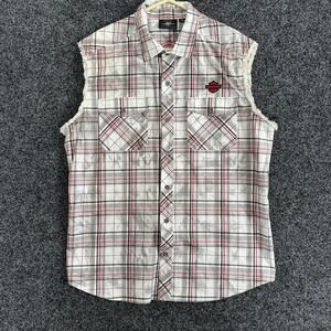 Harley Davidson Men's Plaid Raw Edge Sleeveless Blowout Shirr Red Gray White 2XL